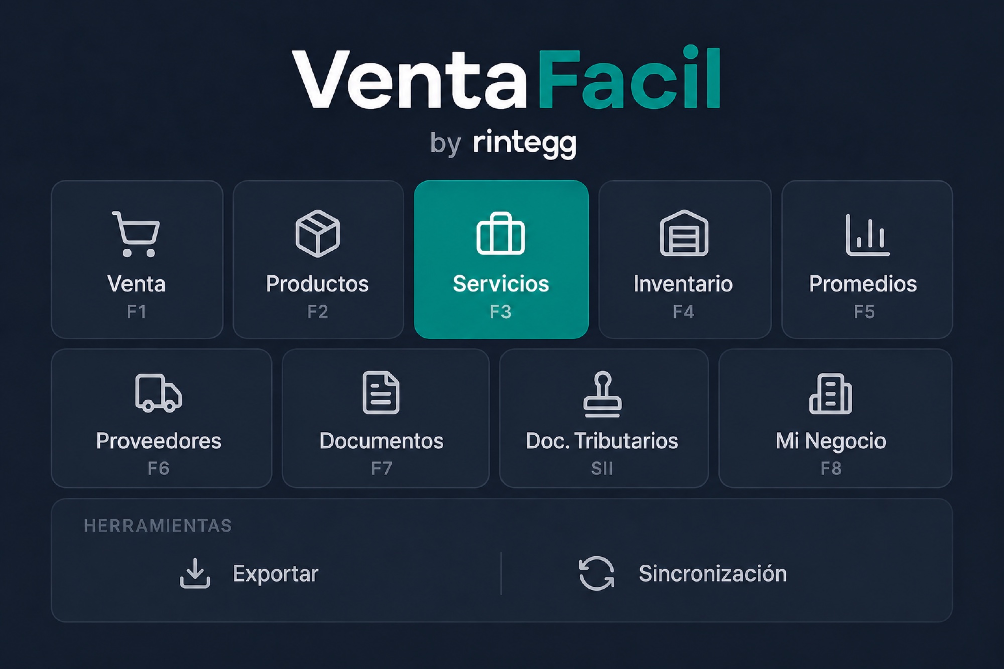 Grid de módulos de POS VentaFacil: Venta, Productos, Servicios, Inventario, Promedios, Proveedores, Documentos, Doc. Tributarios y Mi Negocio